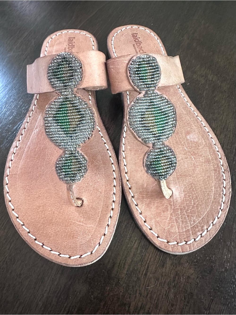 Free People Laidback London Brown Leather Beaded T Strap Sandals Brown Green 7
